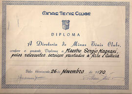 Diploma conferido pelo Minas Tênis Clube por relevantes serviços prestados à Arte e Cultura de Be...