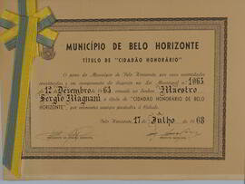 Diploma emoldurado de Cidadão Honorário de Belo Horizonte - 17/07/1968.